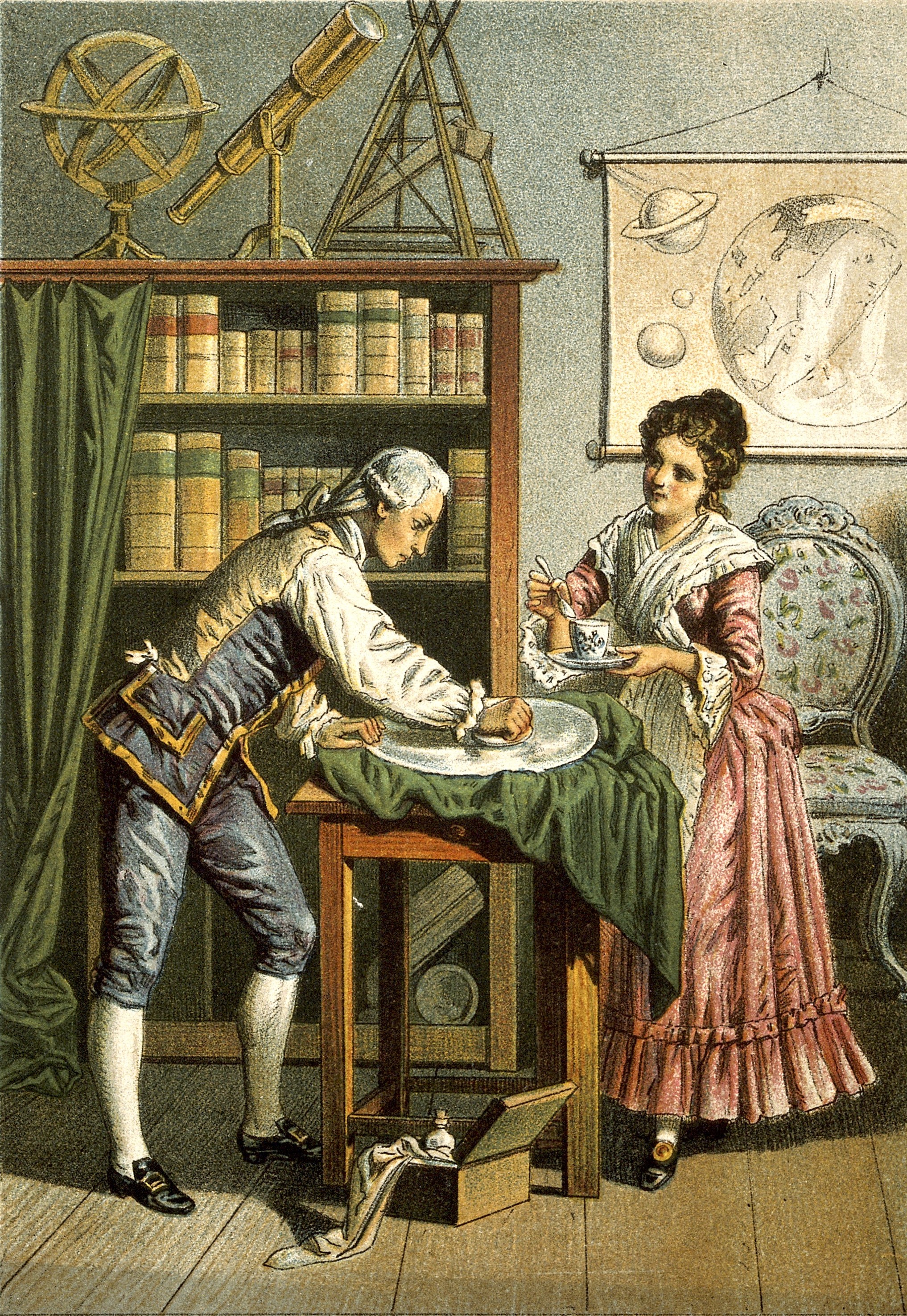 Sir William Herschel e sua sorella, Caroline Herschel, mentre lavorano su un componente di un telescopio.
